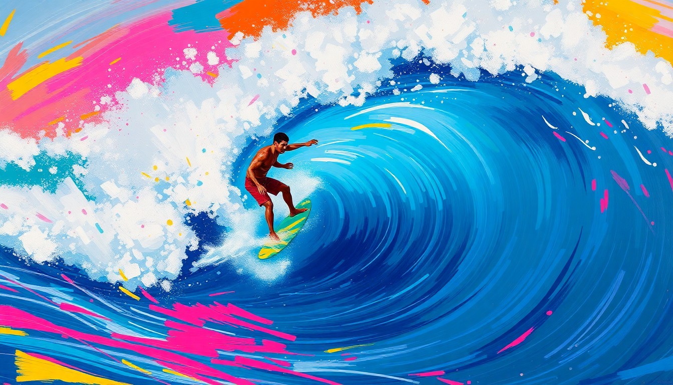 An abstract, energetic painting in neon colors depicting the dynamic motion of a surfer riding a large wave, conveying the spirit and impact of Sunny Garcia's surfing career.