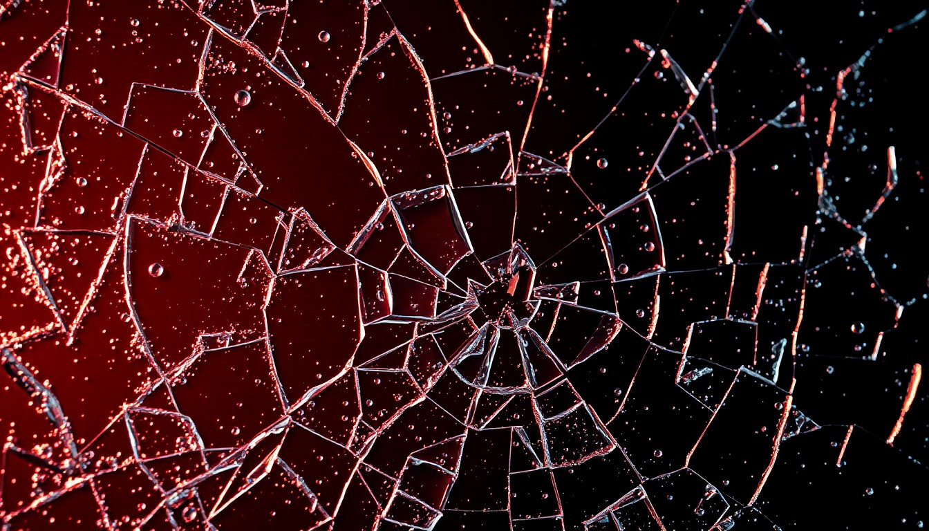 An abstract close-up photograph of shattered glass in dramatic, high-contrast lighting, conceptually representing the blurred boundaries between the Yellowstone TV universe and real life.