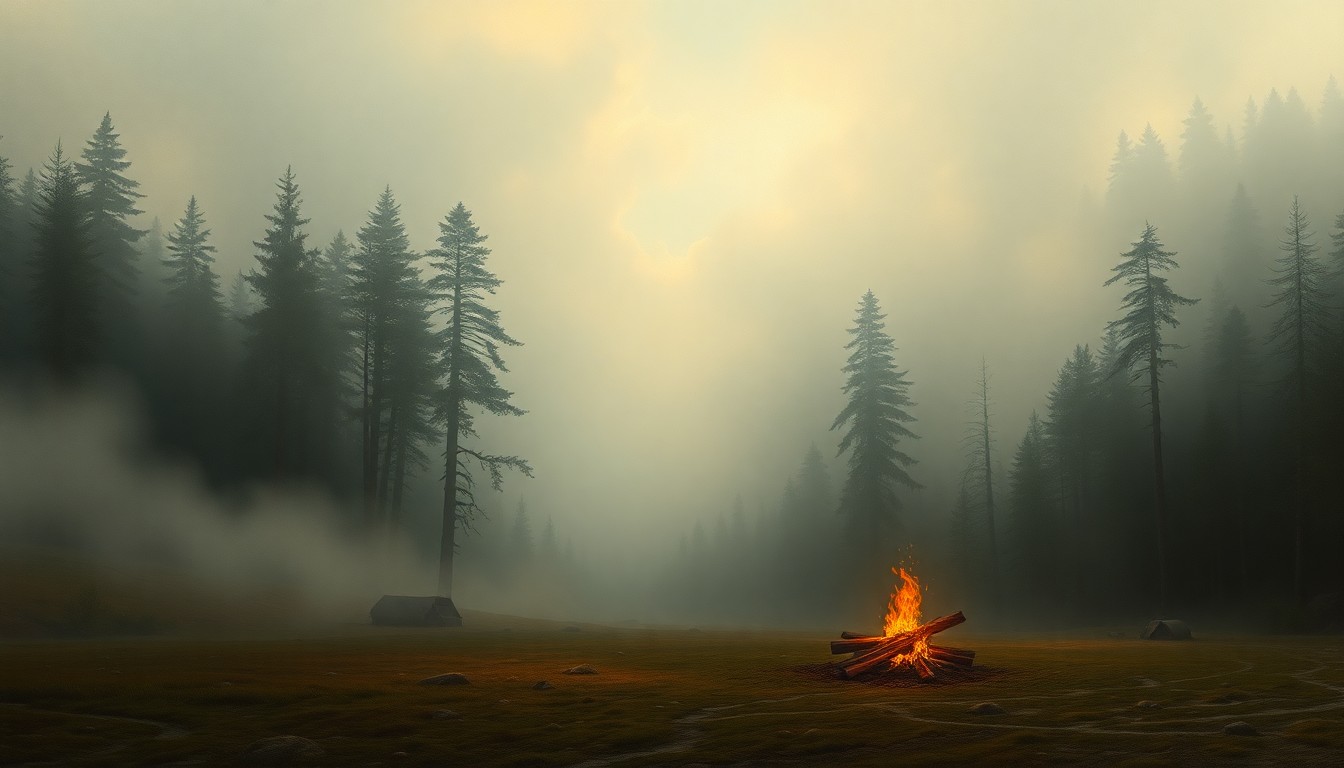 A sweeping, atmospheric landscape painting in muted greens, grays, and blues, depicting a small campfire in a clearing of a misty forest, conveying a sense of calm and reduced fire danger.