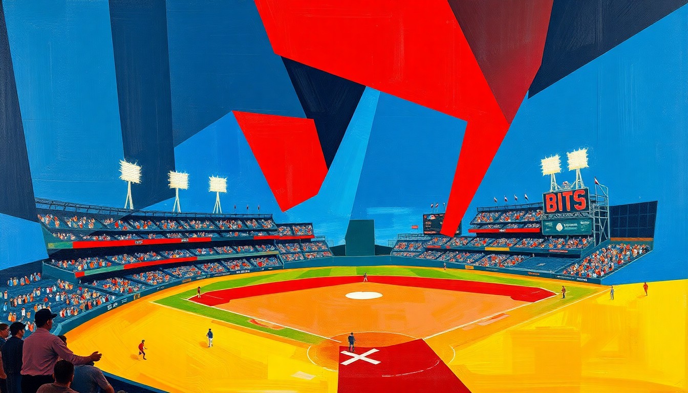 A fragmented, geometric painting in bold colors depicting a baseball game, with overlapping planes and shapes representing the intensity and drama of the matchup.