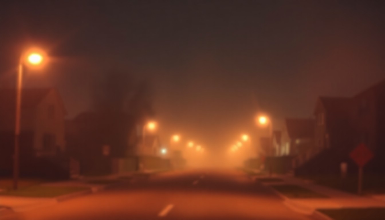 An extremely abstracted, out-of-focus photograph of a residential street at night, with blurred streetlights and the faint silhouettes of houses in the background, conveying a sense of tranquility disrupted and an underlying tension.