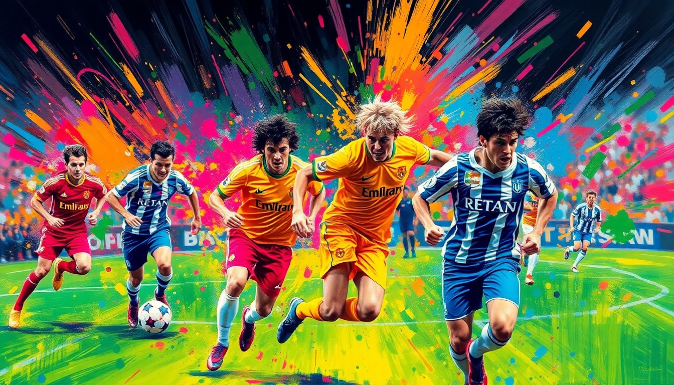 An abstract, expressionist painting in neon colors depicting the energy and motion of a soccer match, with players' forms dissolving into bold, gestural brushstrokes.