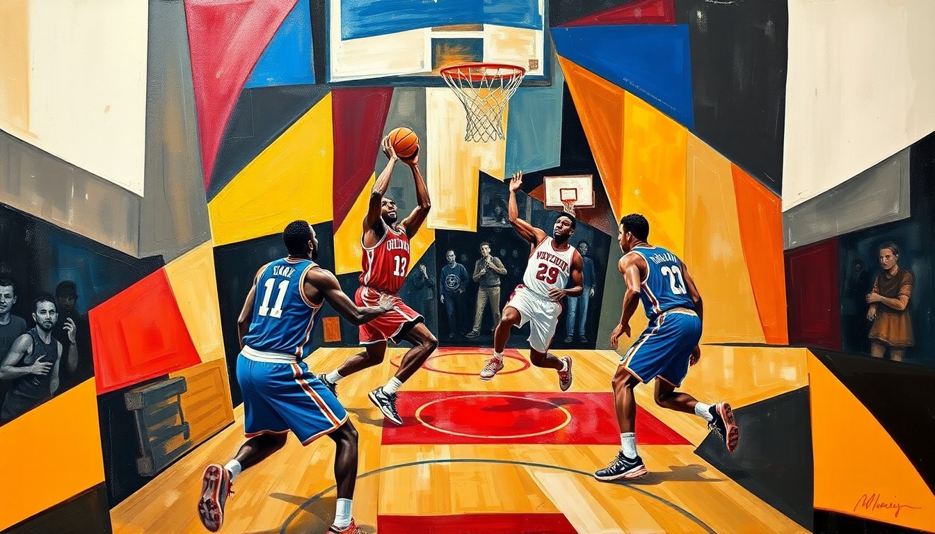 An abstract, cubist-style painting depicting the dynamic action of a basketball game between the Atlanta Hawks and New York Knicks, with the players' movements and the energy of the game represented through a fractured, multi-perspective composition of sharp, overlapping geometric shapes and planes.