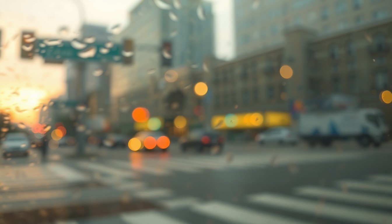 An abstract, impressionistic scene of a blurred intersection, with soft, warm colors and a sense of motion, conveying the conceptual idea of traffic pattern changes aimed at enhancing public safety.