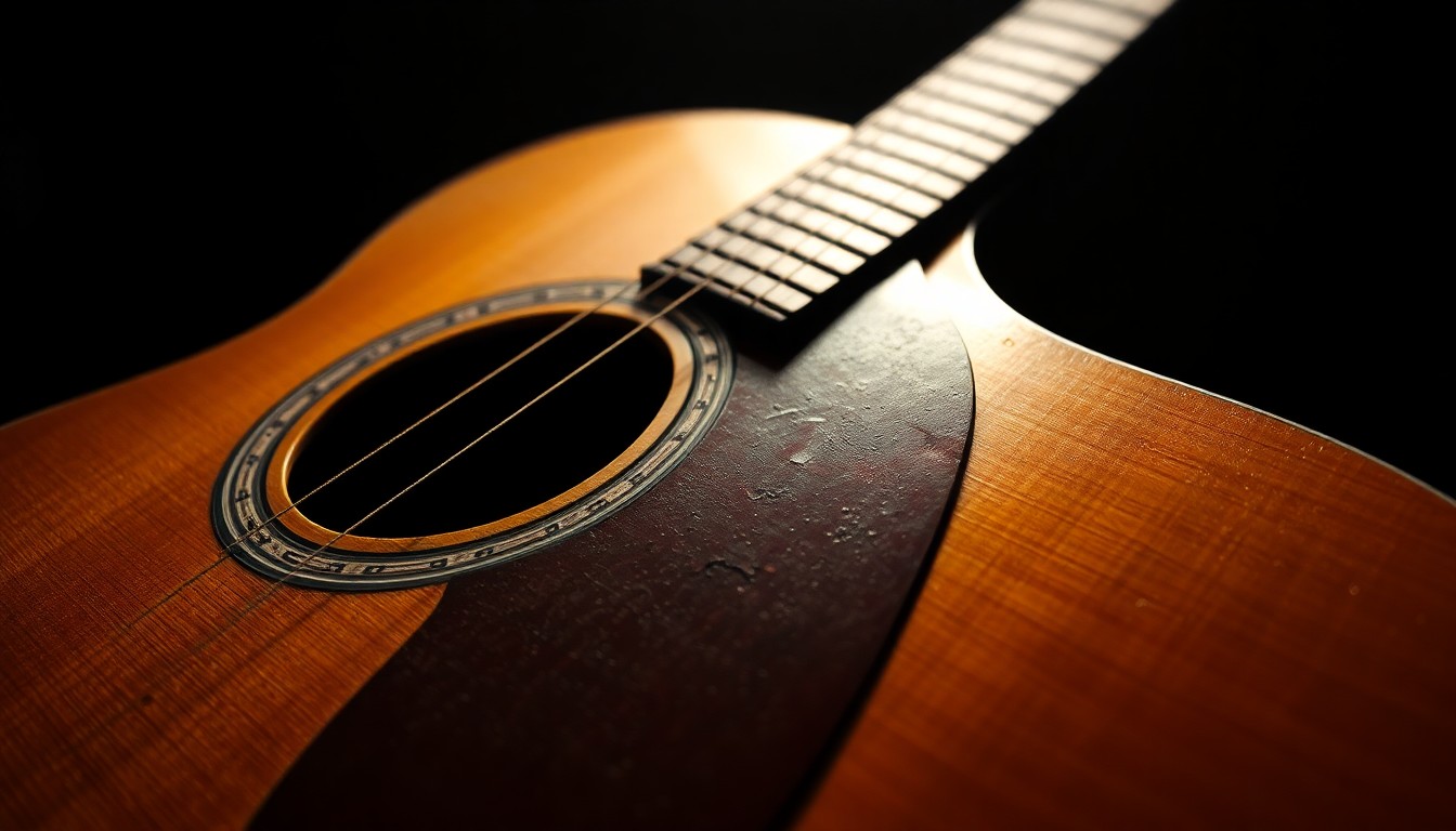 An extreme close-up of the textured, aged surface of an acoustic guitar, capturing the history and character of the instrument that was central to Chris Hurley's musical life and legacy.