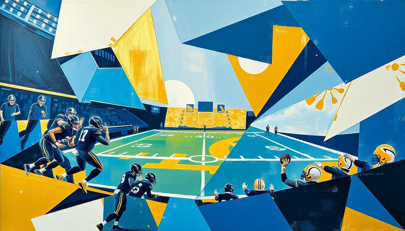 A cubist, geometric painting depicting various football players and training equipment in a fractured, multi-perspective style, using shades of blue, gold, and white to capture the energy and intensity of the event.