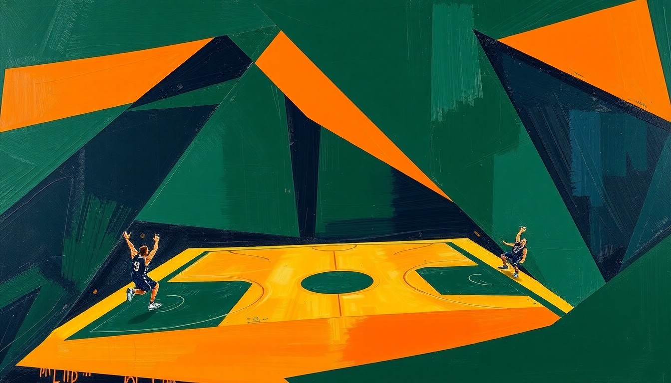A fragmented, geometric painting depicting a basketball game or match broken down into sharp, overlapping planes of color, representing the tactical complexity of coaching in the NBA.