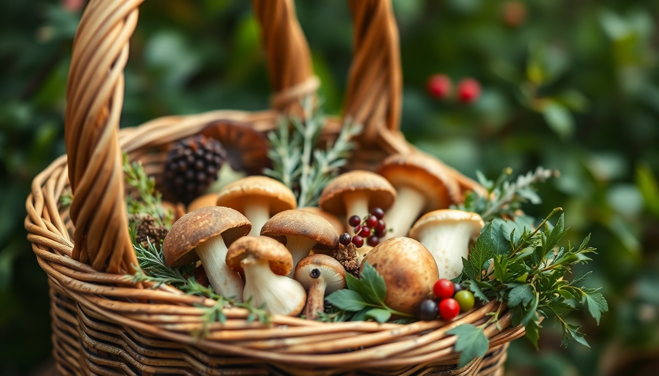 A softly blurred, impressionistic photograph in warm, earthy tones depicting a basket filled with freshly foraged mushrooms, herbs, and berries set against a backdrop of lush, verdant foliage, conceptually representing the seasonal bounty and farm-to-table focus of the 'Forest to Fork' culinary event.