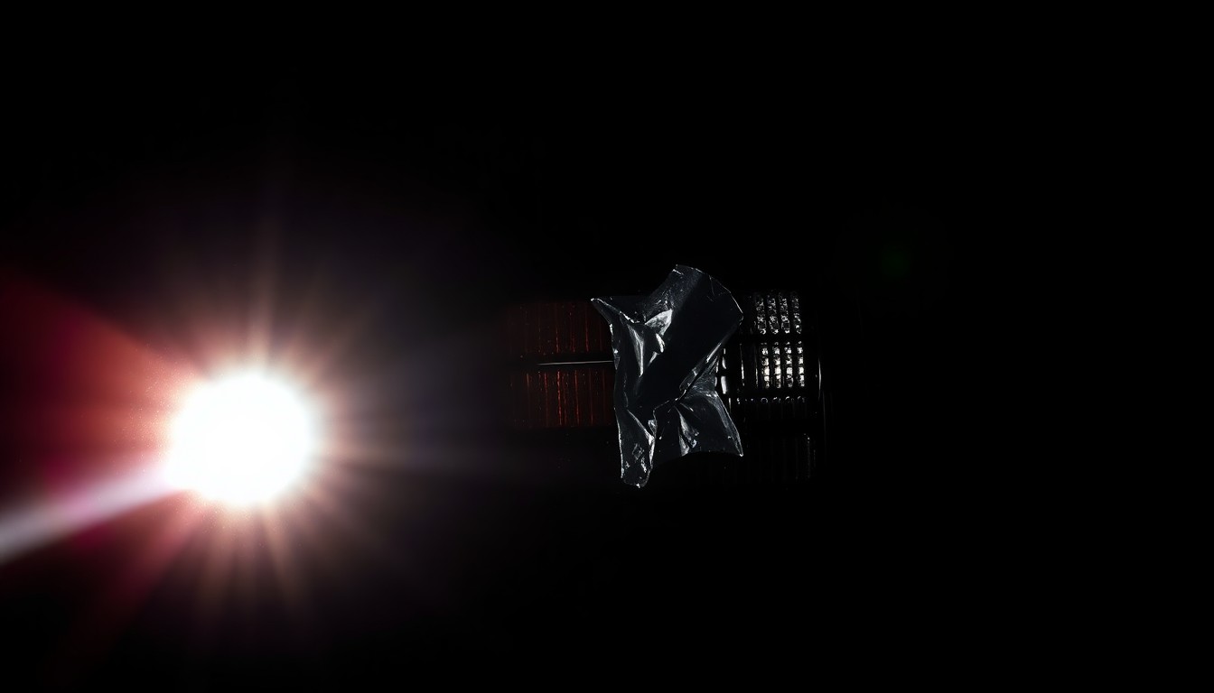 An extreme close-up of a damaged car sensor or tail light lens, lit by a harsh, direct flash, conveying the stark, gritty aftermath of the parade incident.