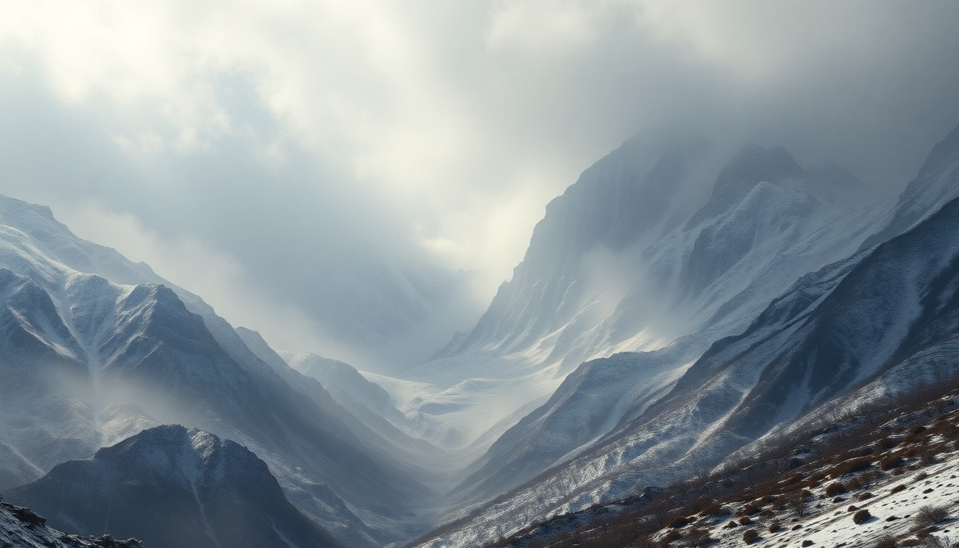 A vast, atmospheric landscape painting depicting a snow-capped mountain range shrouded in mist and fog, with the bare, rocky slopes and sparse vegetation conveying a sense of the region's depleted snowpack.