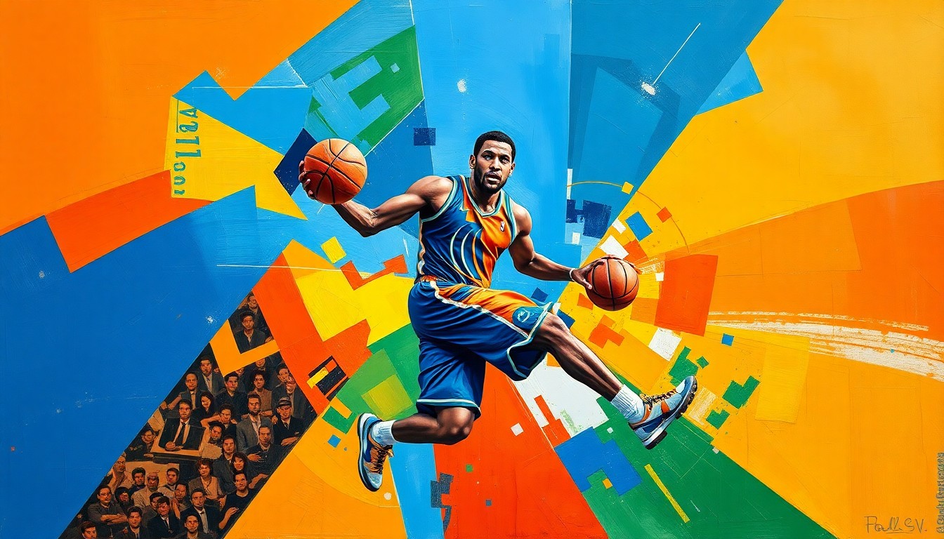 A cubist-style painting depicting the motion and energy of a basketball player, with sharp, overlapping geometric shapes in vibrant colors representing the dynamic action on the court.
