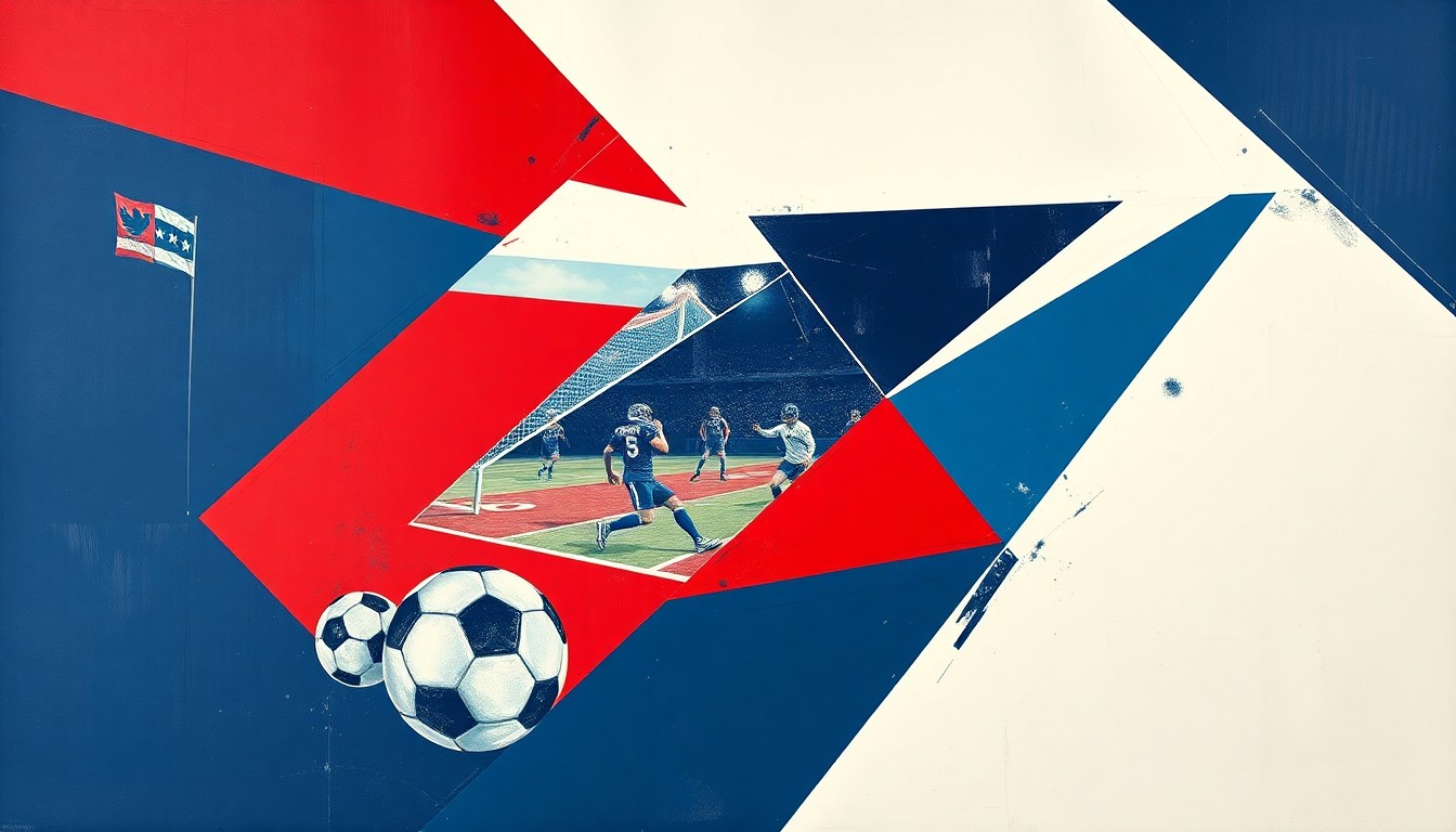 A cubist, geometric painting depicting a fragmented football game scene, with sharp planes of navy blue, red, and white overlapping to create a dynamic, abstract visual representation of the sport.