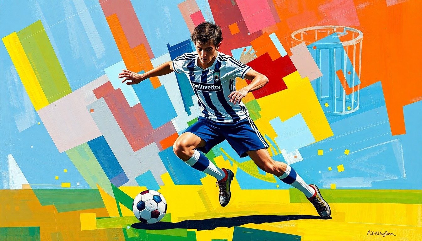 A fractured, geometric painting depicting a soccer player in motion, with vibrant colors representing the Palmetto High School and Cosmos Soccer Academy teams. The overlapping planes and abstract style capture the energy and dynamism of the sport.
