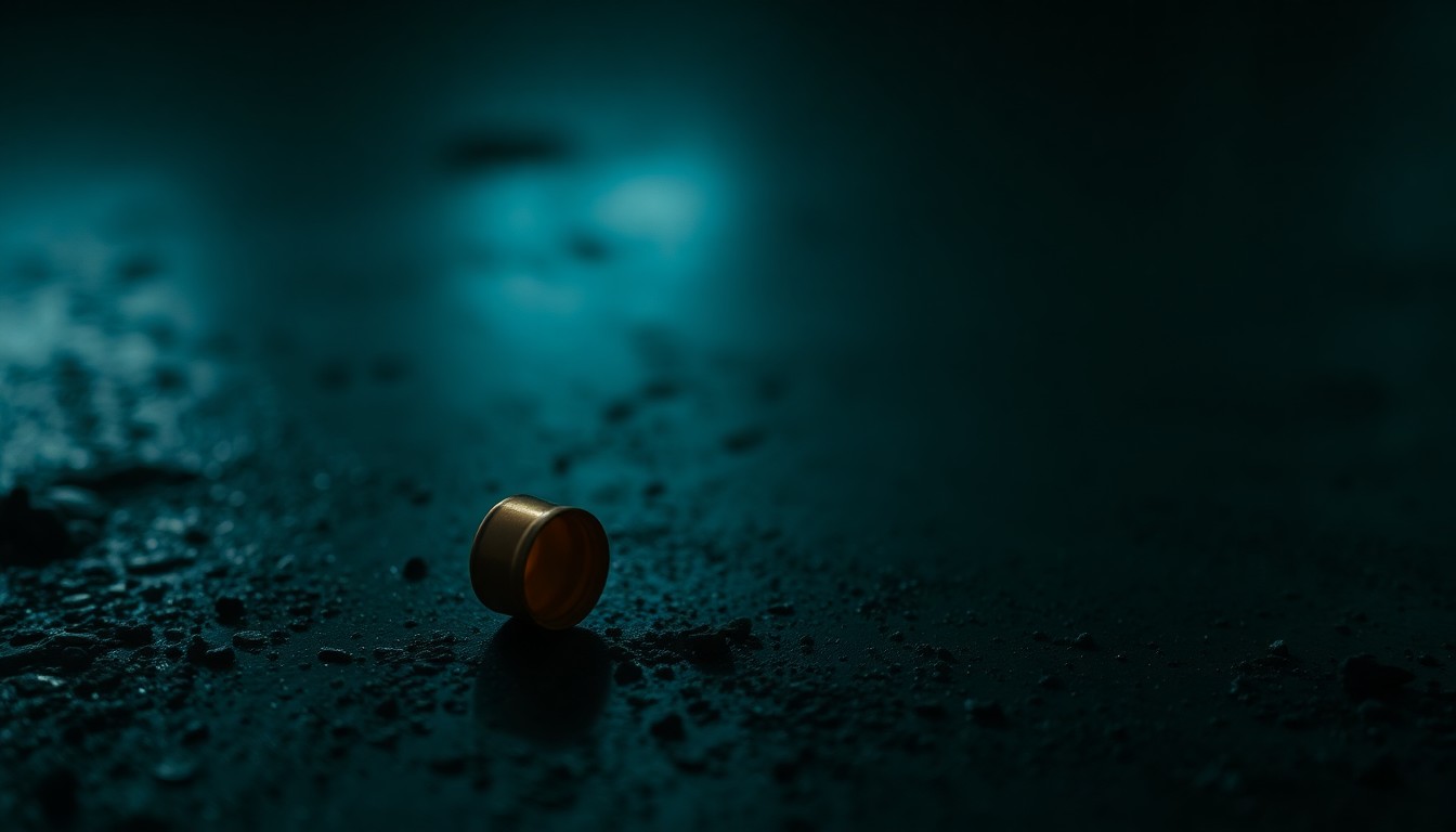 An extreme close-up photograph of a single spent shell casing on a dark, textured surface, conceptually representing the evidence gathered at a crime scene.