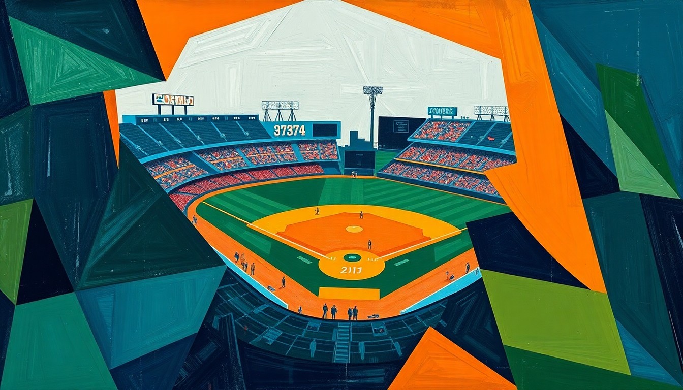 A cubist, geometric painting depicting a baseball game broken down into sharp, overlapping planes of navy, green, and orange, conveying the dynamic nature of the sport and its betting markets.