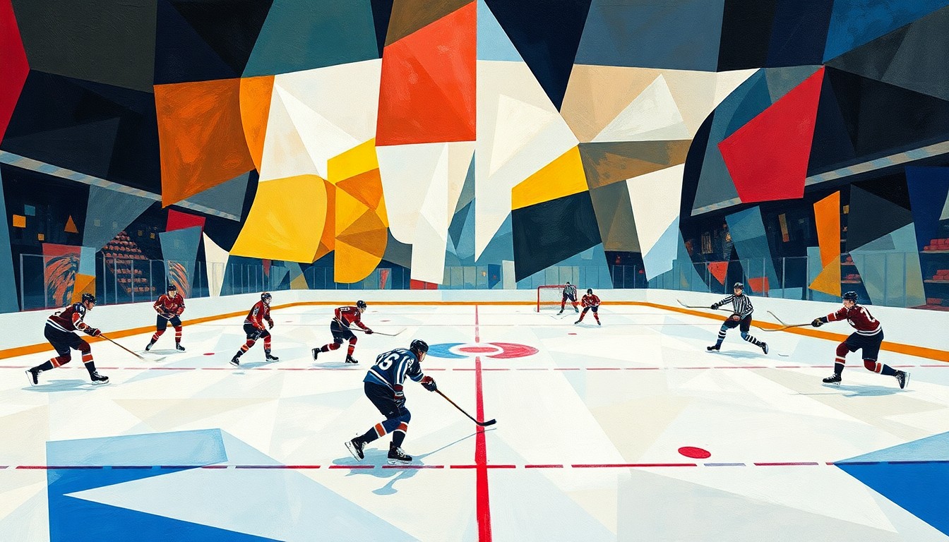 A fractured, cubist-style painting depicting a hockey game, with the players and ice broken down into sharp, overlapping geometric shapes and planes of color, capturing the intensity and movement of the sport.
