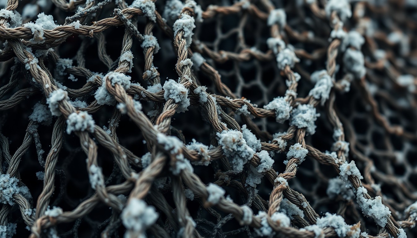 An extreme close-up photograph of a tightly woven, salt-encrusted fishing net, conveying the harsh, unforgiving conditions of the commercial fishing industry.