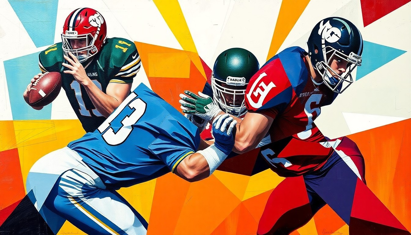 A fractured, geometric painting depicting the abstracted forms of high school football and wrestling players in the team colors of Johnsburg and Joliet Catholic Academy, representing the complex dynamics of a talented athlete's transfer.