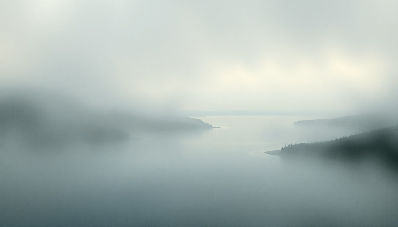 A sweeping, atmospheric landscape painting in muted tones of blue, grey, and white, with a distant, hazy shoreline and minimal human-made structures obscured by the heavy fog, conveying a sense of the overwhelming scale and power of the natural world.