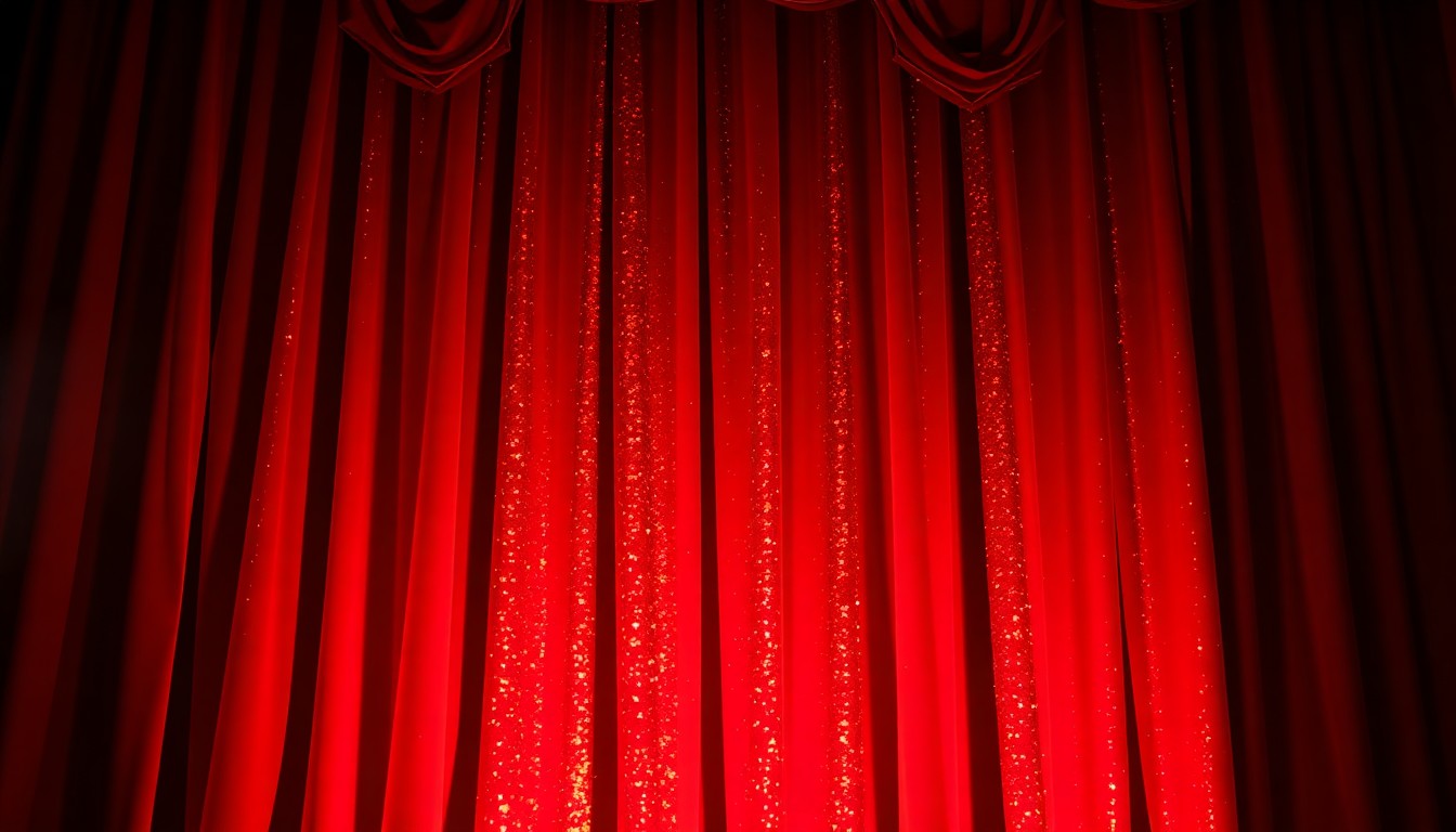 An extreme close-up of a heavily textured, crumpled stage curtain in deep red and gold hues, conveying the luxurious, high-energy atmosphere of a live concert performance.