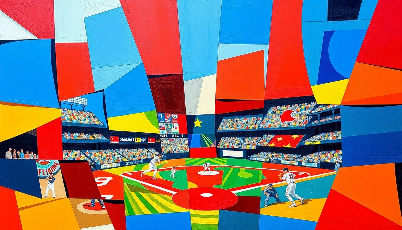 A fragmented, geometric painting in bold primary colors depicting the chaotic motion of a baseball game, with players and the field deconstructed into sharp, overlapping shapes.
