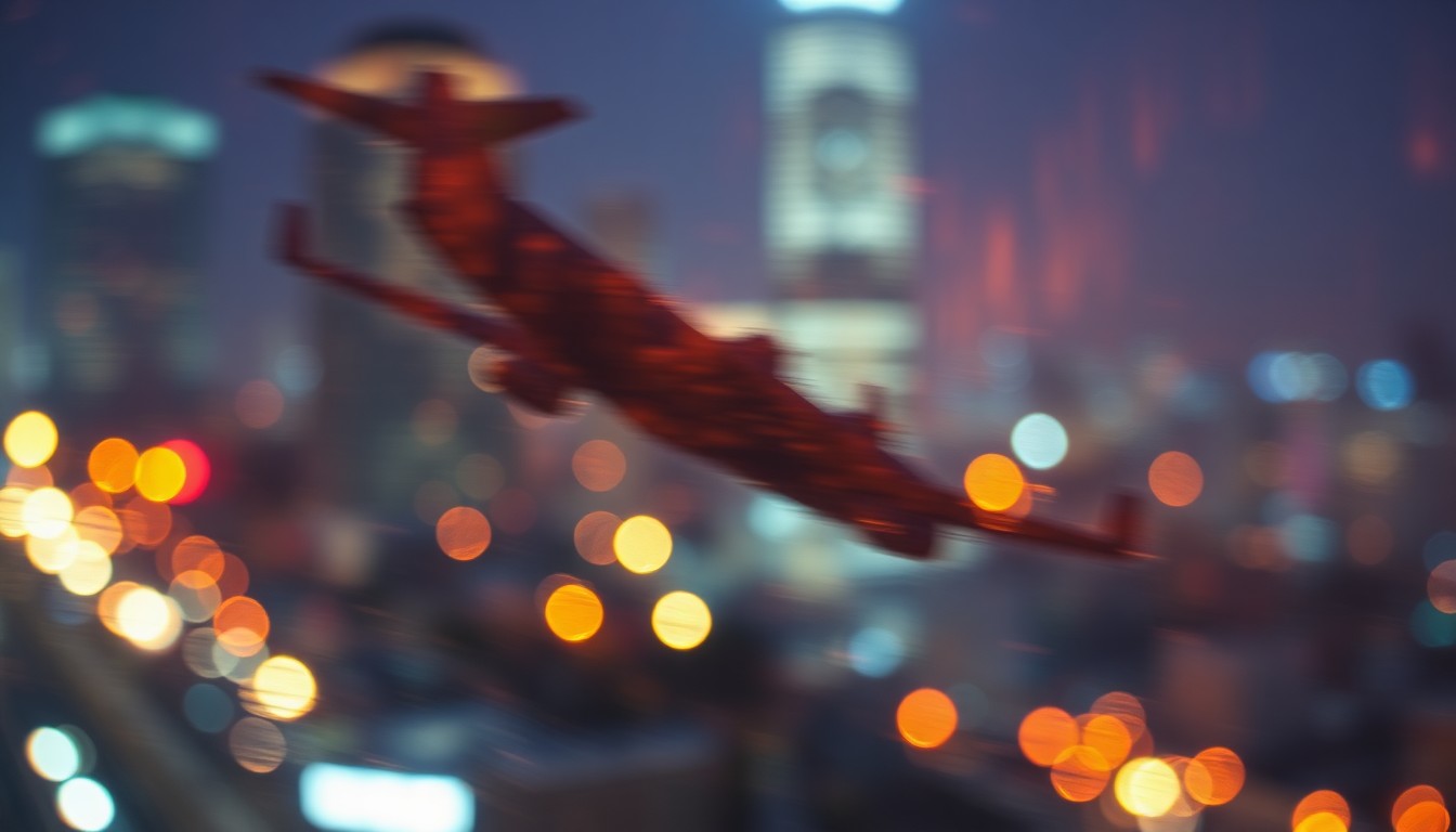 An abstract, impressionistic photograph showing the blurred silhouette of an airplane in flight against a backdrop of soft, glowing city lights, conveying the unexpected and emotional nature of an in-flight birth.
