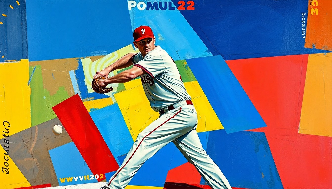 A fragmented, geometric painting depicting a baseball pitcher's motion, with sharp planes of color and form representing the power and precision of Alcantara's pitching style.