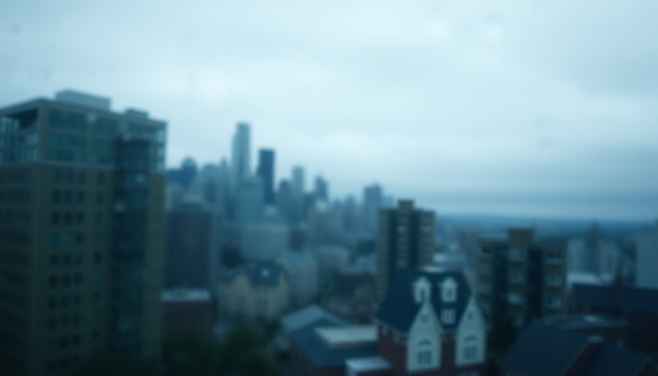 An extremely abstracted, out-of-focus photograph of a blurred cityscape in muted tones of gray, blue, and green, conveying a sense of isolation and detachment.