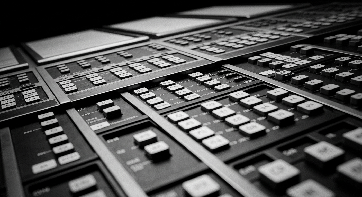 An extreme close-up of a stock trading terminal, with its various buttons, screens, and mechanical components rendered in high-contrast black and white. The image conveys a sense of the power and complexity of financial markets without using any text or logos.