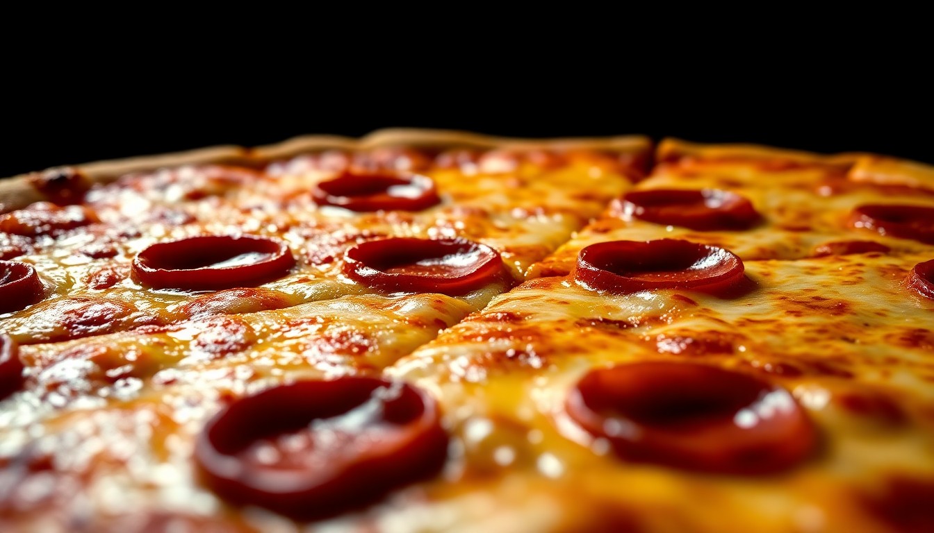An extreme close-up photograph of a freshly baked pizza crust with bubbling cheese and pepperoni, shot in dramatic high-contrast studio lighting to create a luxurious, high-fashion aesthetic.