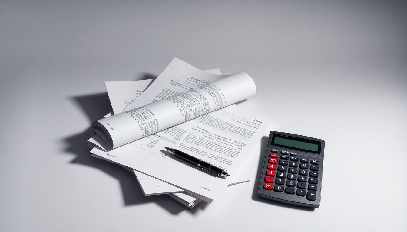 A minimalist studio still life photograph featuring a stack of financial reports, a pen, and a calculator arranged on a clean, monochromatic background, symbolizing the abstract concepts of corporate finance and strategy.