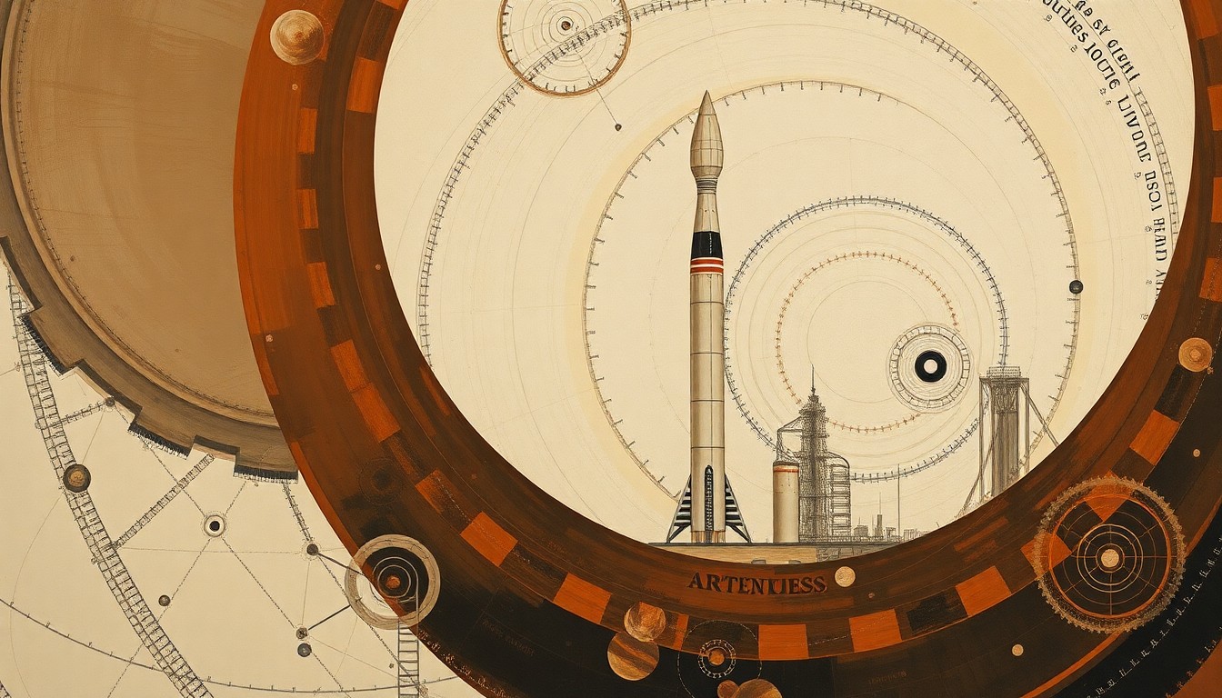 A highly structured abstract painting in muted earth tones, featuring sweeping geometric arcs, concentric circles, and precise mechanical spirals, conveying the technical complexity and engineering precision required to launch the Artemis rockets.