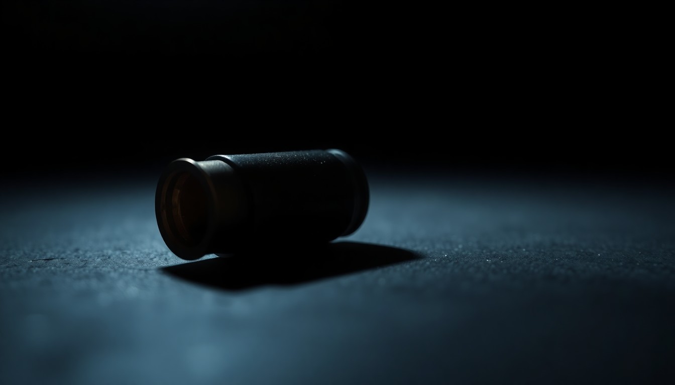 An extreme close-up photograph of a single spent shell casing on a dark surface, capturing the stark, gritty details of the object through dramatic lighting and shallow depth of field to conceptually represent the tragic aftermath of a domestic violence incident.