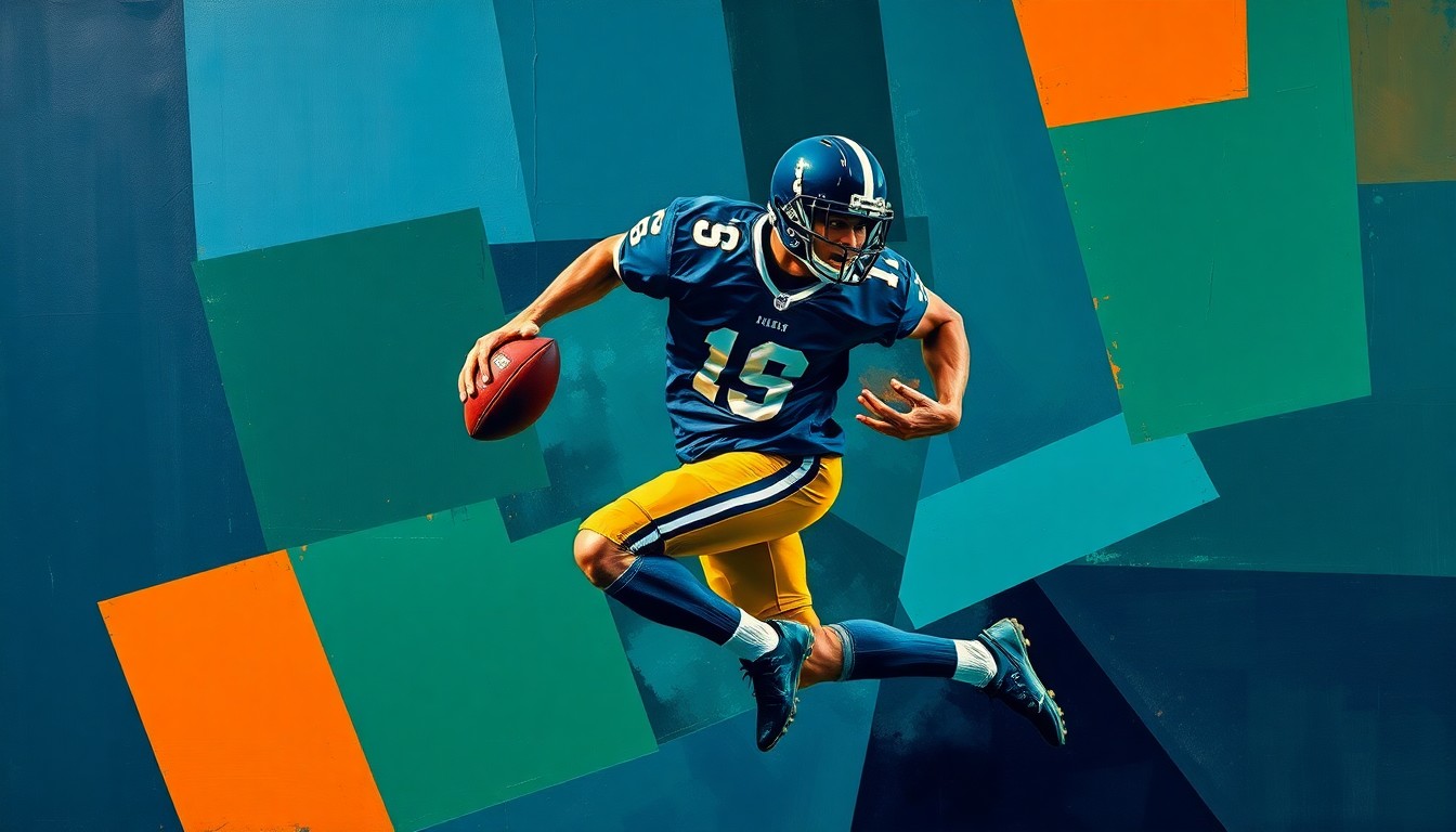 A fragmented, cubist-style painting depicting a football player in motion, broken down into sharp, overlapping geometric shapes in navy, green, and orange tones, conveying a sense of disruption and accountability.
