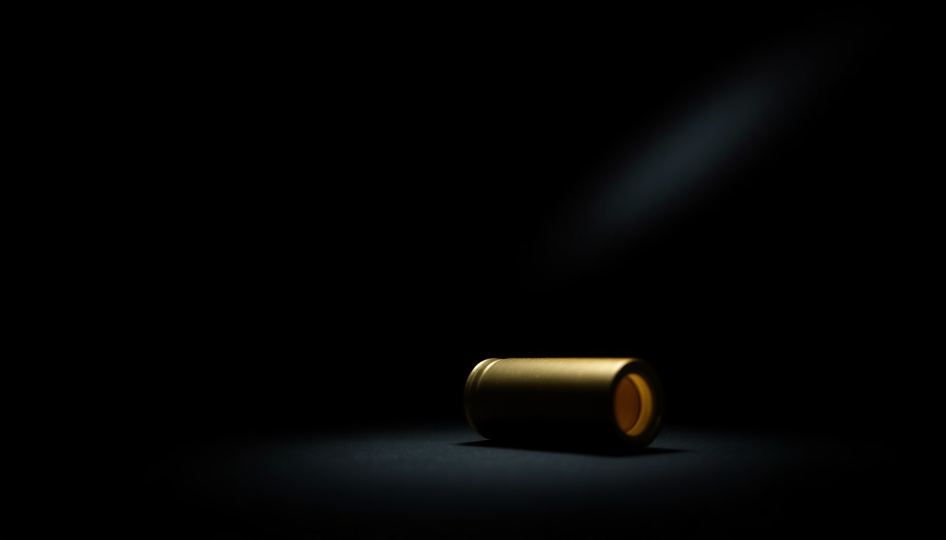 An extreme close-up photograph of a single spent rifle shell casing, capturing the textural details and dramatic lighting to convey the serious, investigative nature of the crime.
