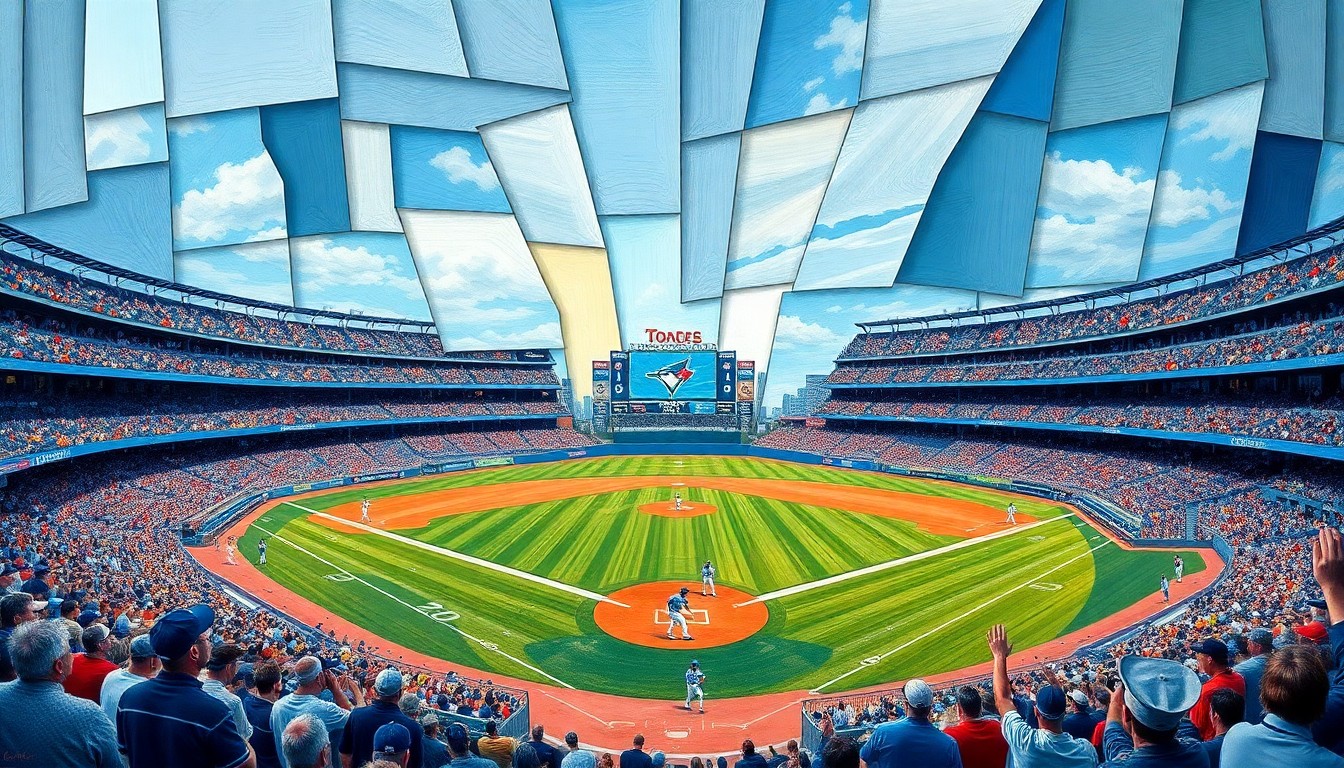 A fractured, multi-perspective painting in the style of Pablo Picasso, breaking a baseball game between the Los Angeles Dodgers and Toronto Blue Jays down into sharp, overlapping geometric planes, conceptually representing the heated rivalry between the two teams.