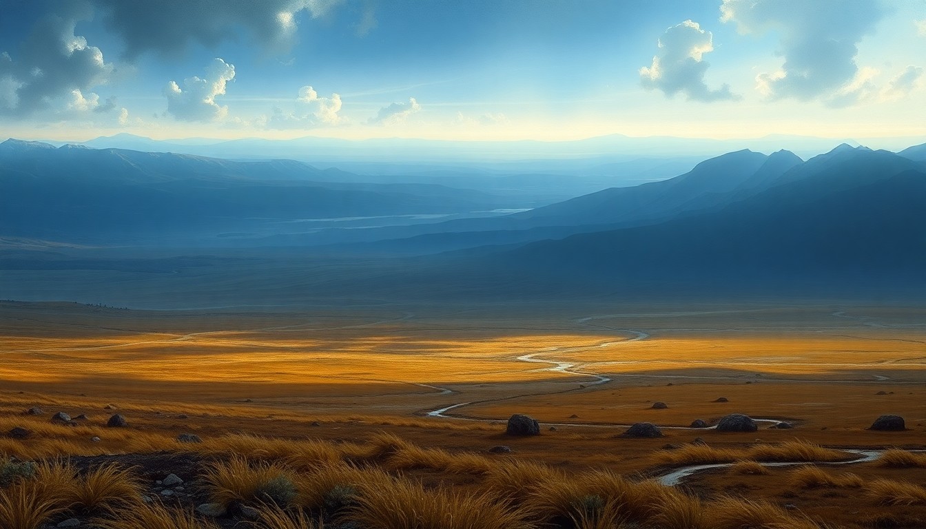 A sweeping, atmospheric landscape painting in muted earth tones, with a distant horizon line and dramatic backlighting casting long shadows across a desolate, windswept field, conveying a sense of the overwhelming, sublime power of nature.