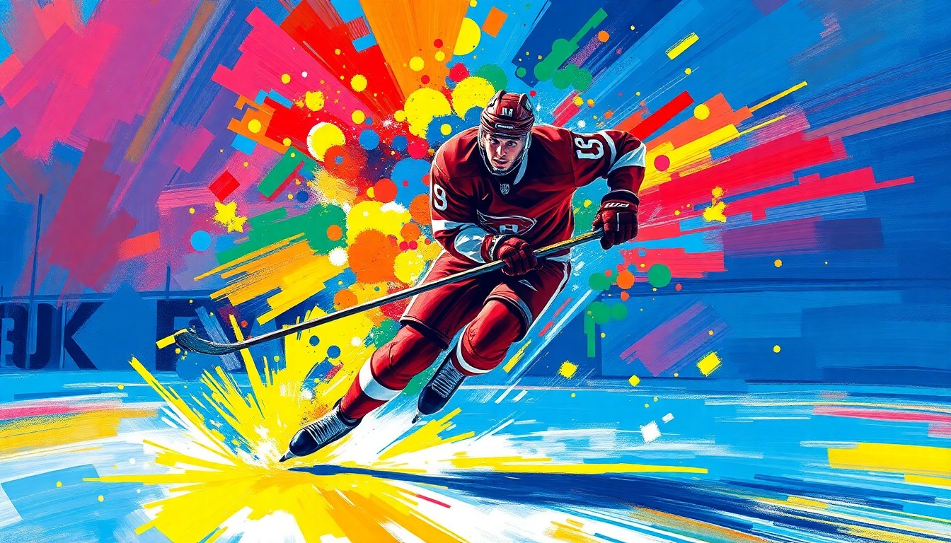 An abstract, energetic painting with vibrant brushstrokes in neon colors, capturing the dynamic movement and intensity of a hockey player on the ice.