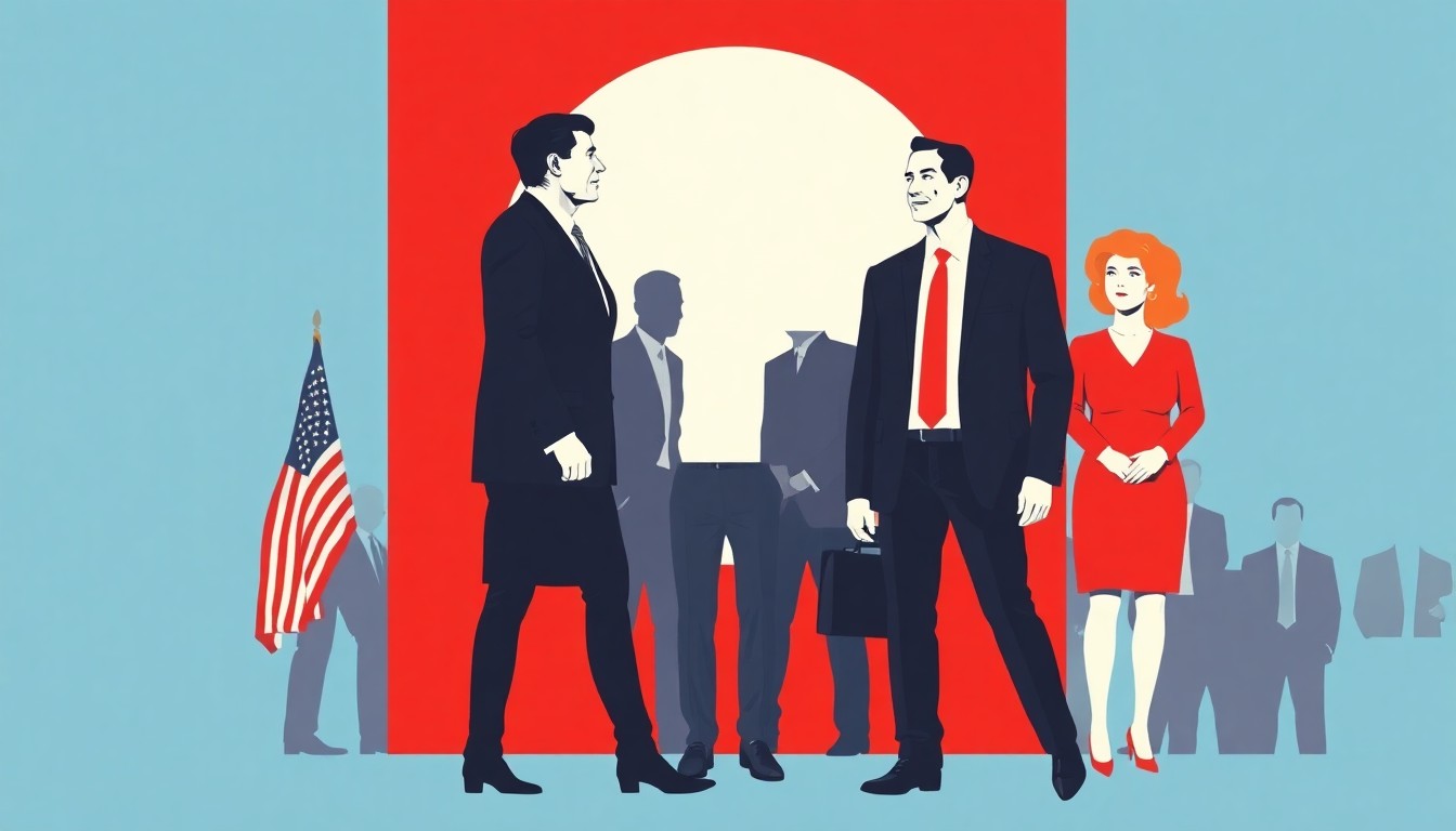 An abstract, minimalist illustration featuring bold, jagged shapes in contrasting black, white, and red, conceptually representing the clash between formal and casual attire at a conservative political event.