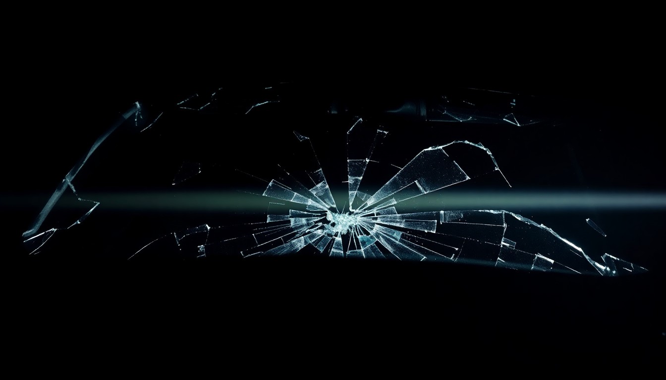 An extreme close-up photograph of a shattered car windshield or broken car part, captured with harsh, direct lighting to create a stark, gritty, investigative aesthetic that conceptually represents the tragedy of a fatal vehicle collision.