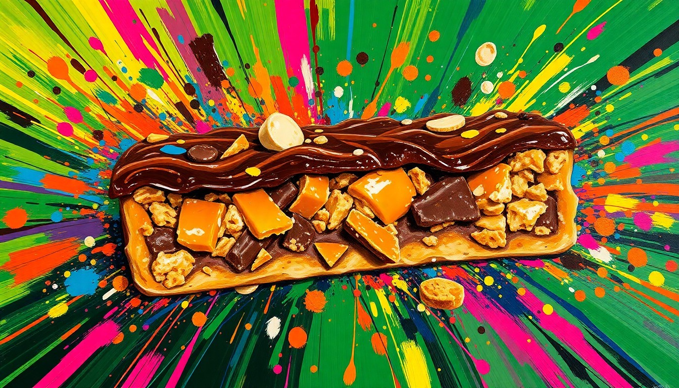 An extreme close-up of a rich, textured chocolate bar with swirls of caramel, crunchy rice, and hazelnut elements, conceptually illustrating the new indulgent snack item debuting at the Masters Tournament.