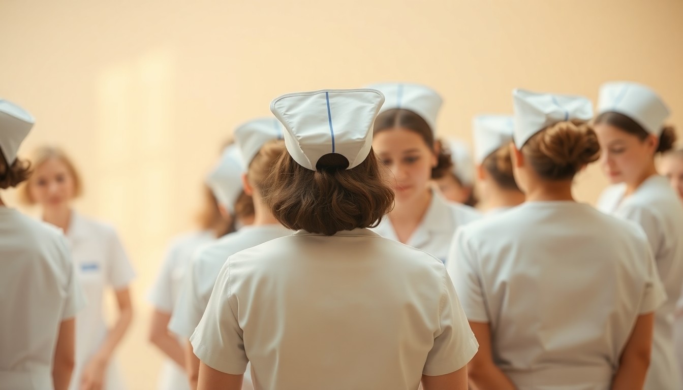 An abstract, out-of-focus photograph in warm tones depicting a group of nurses in white uniforms gathered together, their faces obscured but their body language conveying a sense of community and remembrance.