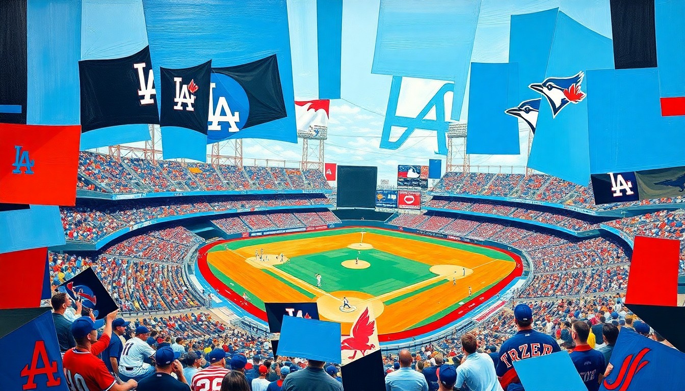 A fragmented, geometric painting depicting a baseball game in progress, with sharp planes of color representing the players and field of play.