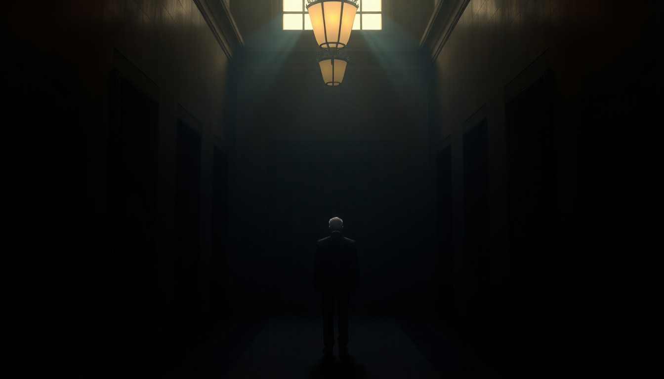 A solitary political figure stands alone in a dimly lit government building hallway, bathed in warm, diagonal sunlight and deep shadows, conveying a sense of melancholy and isolation.