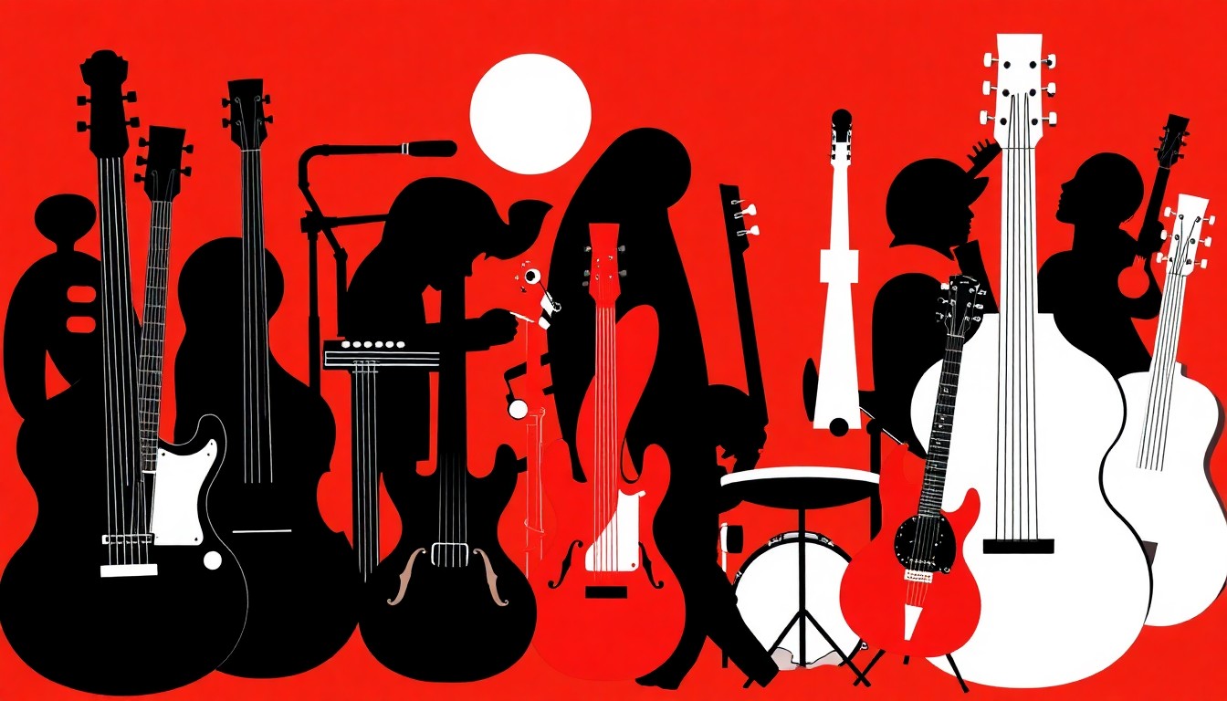 A minimalist, abstract illustration featuring jagged, geometric shapes in bold red and black, conceptually representing a variety of musical instruments and genres without using any text or literal imagery.