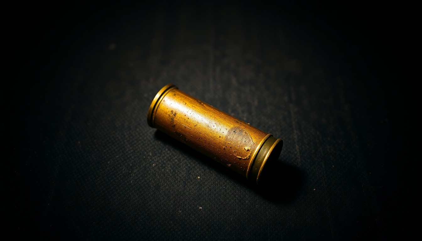 An extreme close-up photograph of a single spent shell casing on a dark, textured surface, lit by a harsh, direct camera flash, capturing the gritty details and materiality of the object in a stark, investigative aesthetic.
