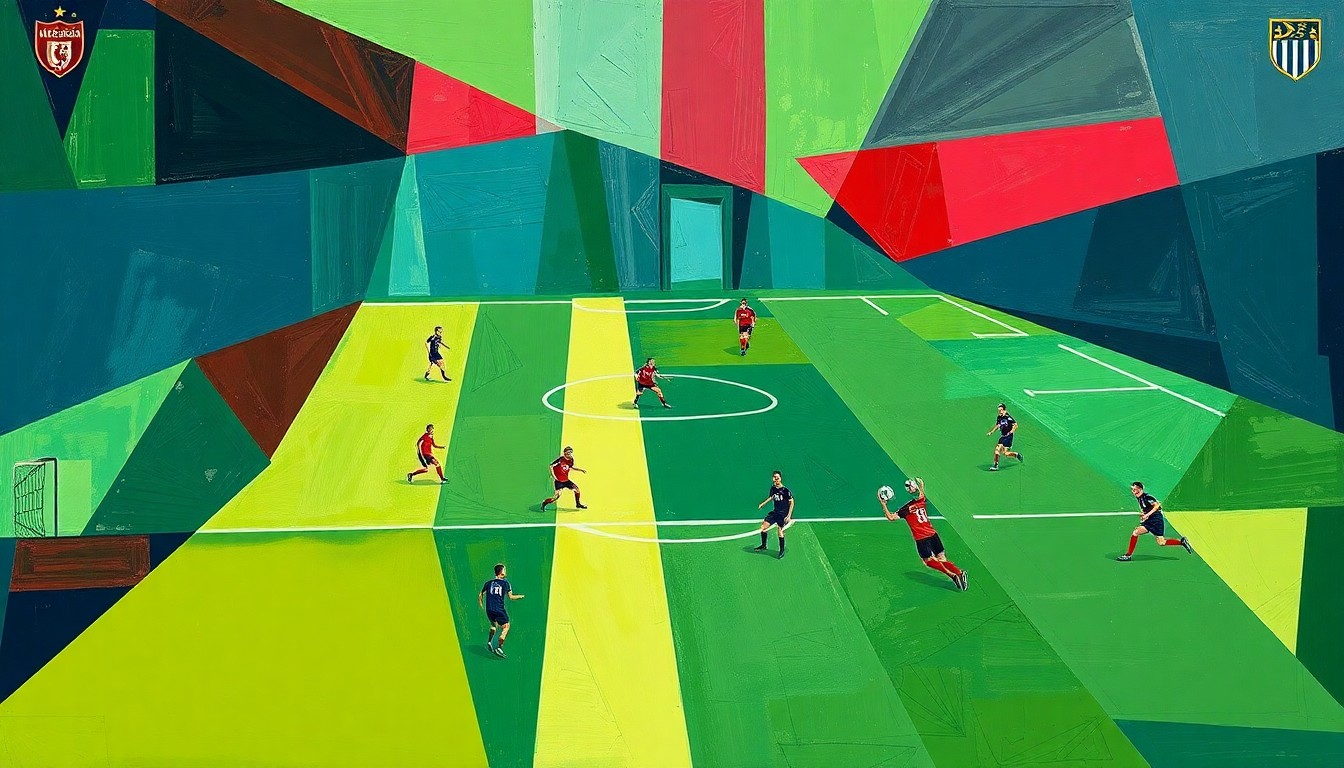 A fragmented, geometric painting depicting a soccer player in motion, with sharp planes of navy, green, and red overlapping to create a dynamic, abstract representation of the sport.