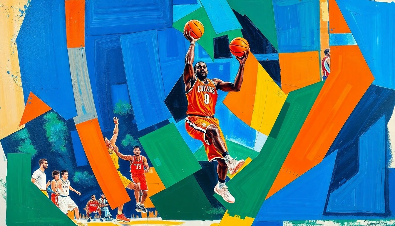 A cubist, geometric painting depicting a basketball player in motion, with sharp planes of color and overlapping perspectives, conveying the fragmented nature of the Bucks' future without their superstar.