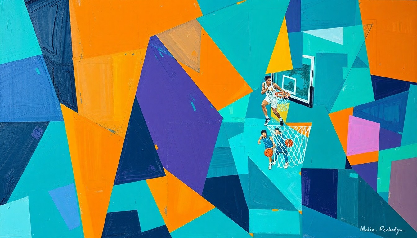 A cubist, geometric painting depicting a fragmented basketball game, with sharp planes of teal, orange, and violet colors overlapping to create a dynamic, abstract composition.