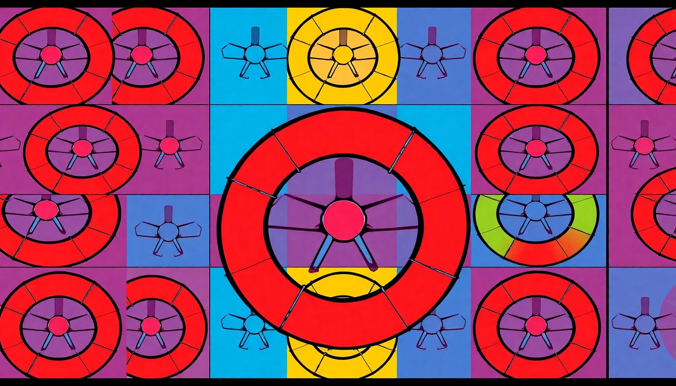 A vibrant, high-contrast silkscreen print featuring a repeated grid of a Titanic ship's iconic life preserver in neon shades of blue, pink, and yellow, conceptually representing the museum's pop art-inspired celebration of maritime history.